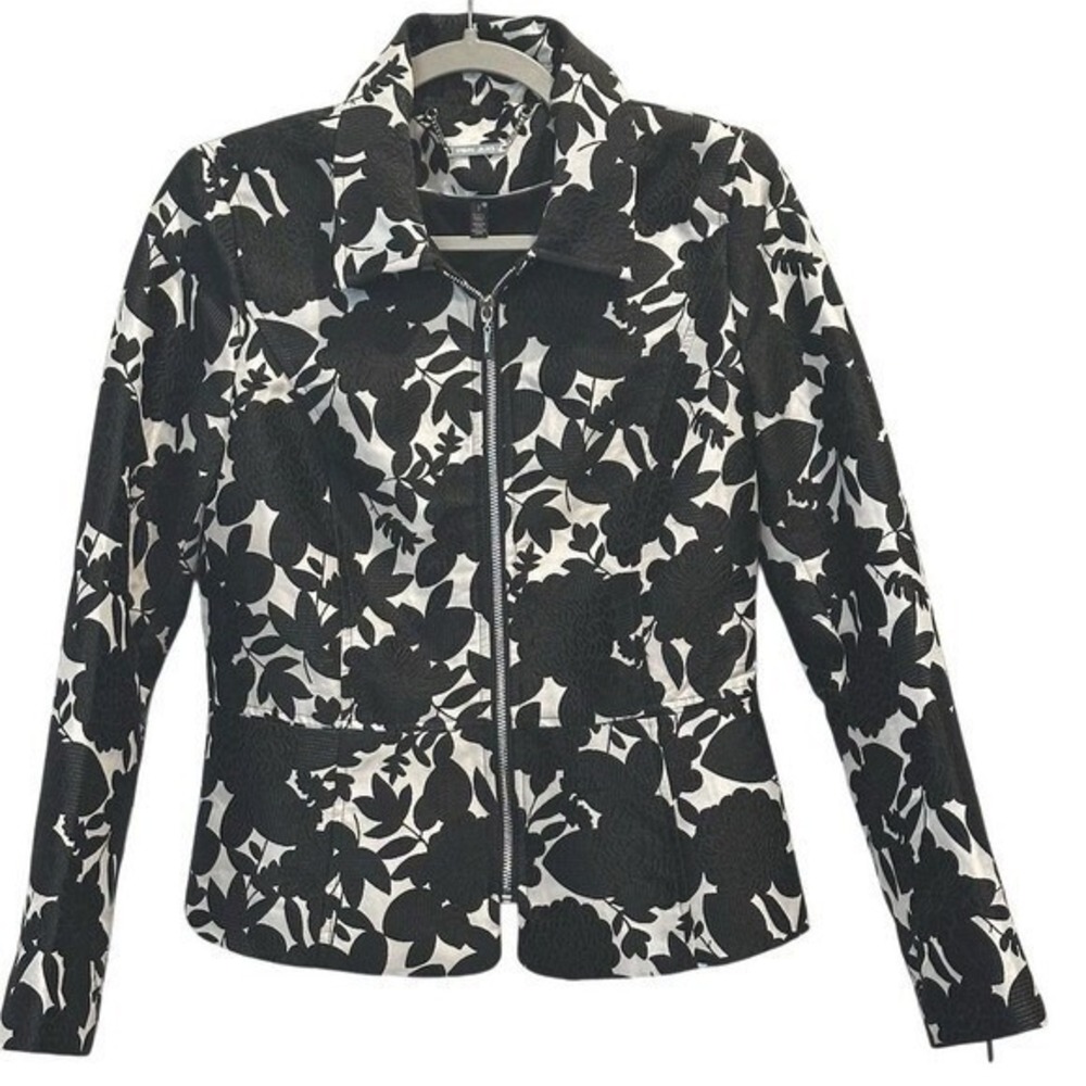 White House Black Market Floral Jacquard Zip Jacket Women's Size 2 Black White